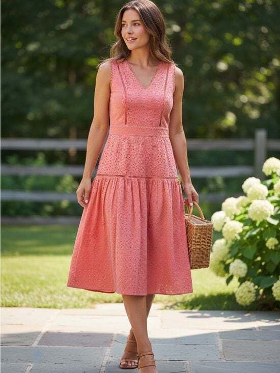 Draper James Dresses & Skirts - Draper James Coral Eyelet V-Neck Midi Dress